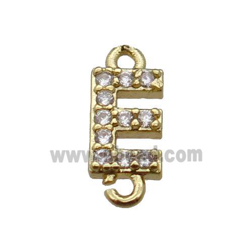 copper letter-E connector pave zircon, gold plated