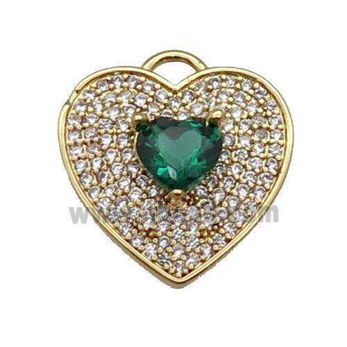 copper Heart pendant pave zircon, green, gold plated