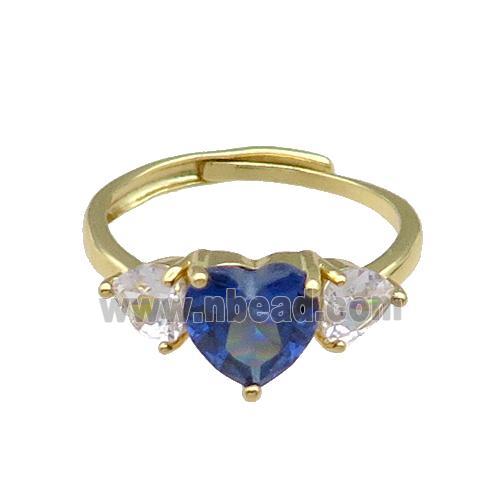 copper Heart Ring pave zircon blue adjustable gold plated