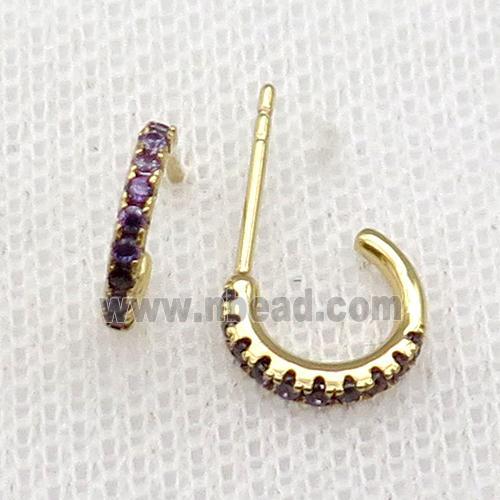 copper Stud Earrings pave purple zircon gold plated