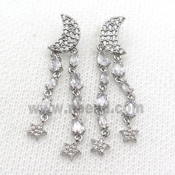 copper Moon Stud Earring pave zircon tassel platinum plated