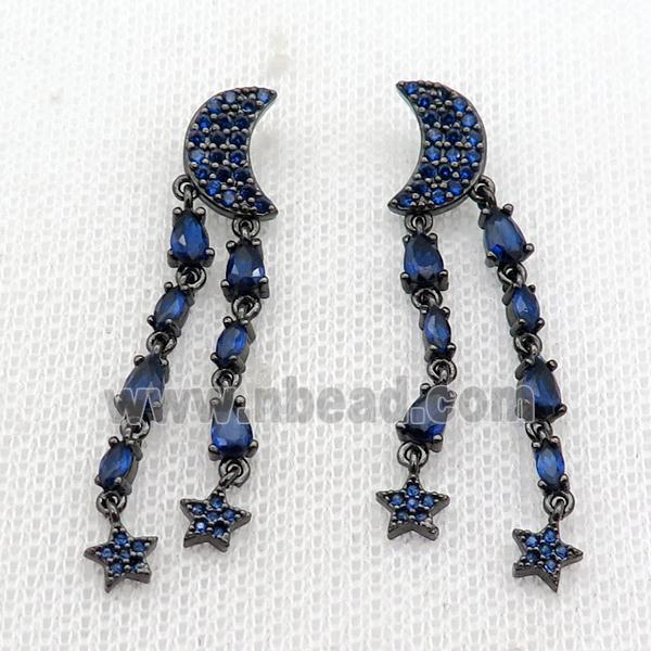 copper Moon Stud Earring pave blue zircon tassel black plated