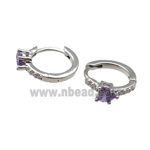 copper Hoop Earring pave zircon purple heart platinum plated