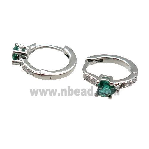 copper Hoop Earring pave zircon green heart platinum plated