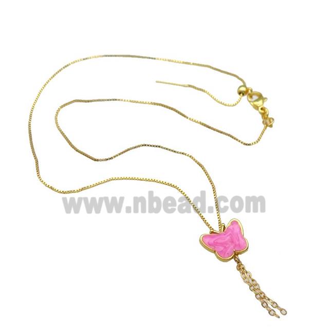 copper Necklace with butterfly pink enamel gold plated