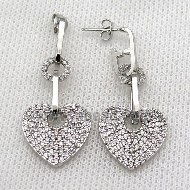 copper Stud Earring pave zircon heart platinum plated