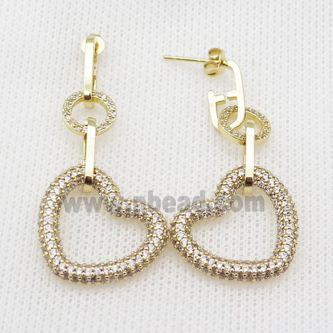 copper Stud Earring pave zircon heart gold plated