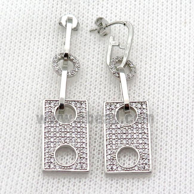 copper Stud Earring pave zircon rectangle platinum plated