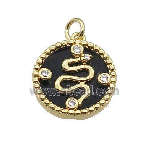 copper circle snake pendant pave zircon black stone gold plated