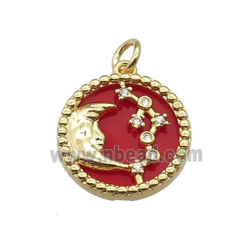 copper circle pendant pave zircon red stone Moon gold plated