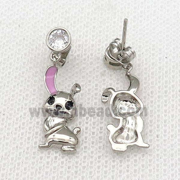 copper Rabbit Stud Earring pink enamel platinum plated