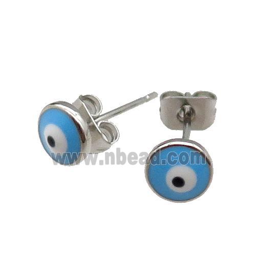 copper Evil Eye Stud Earring blue enamel platinum plated