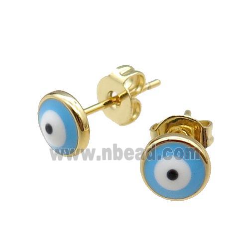 copper Evil Eye Stud Earring blue enamel gold plated