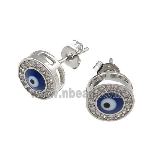 copper Evil Eye Stud Earring pave zircon blue enamel platinum plated