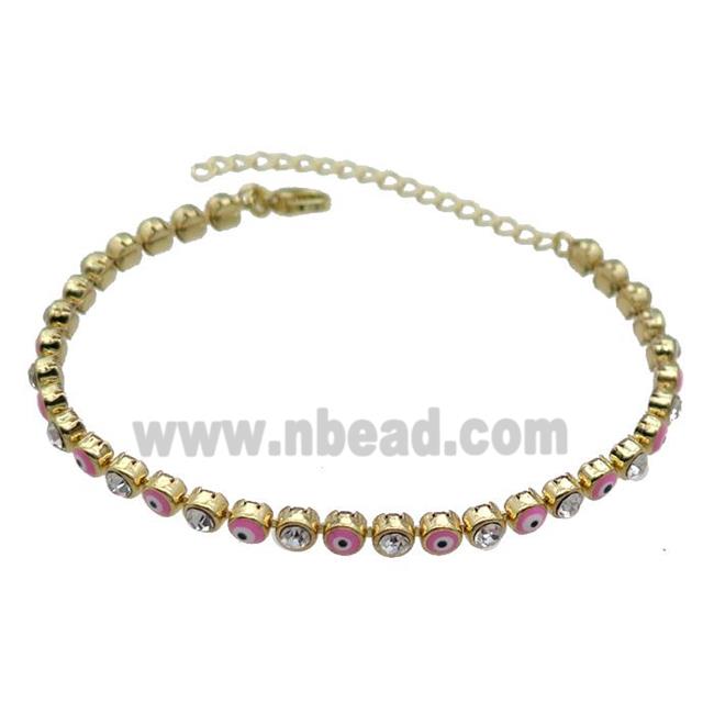 Copper Pink Enamel Evil Eye Bracelet Pave Zircon Gold Plated