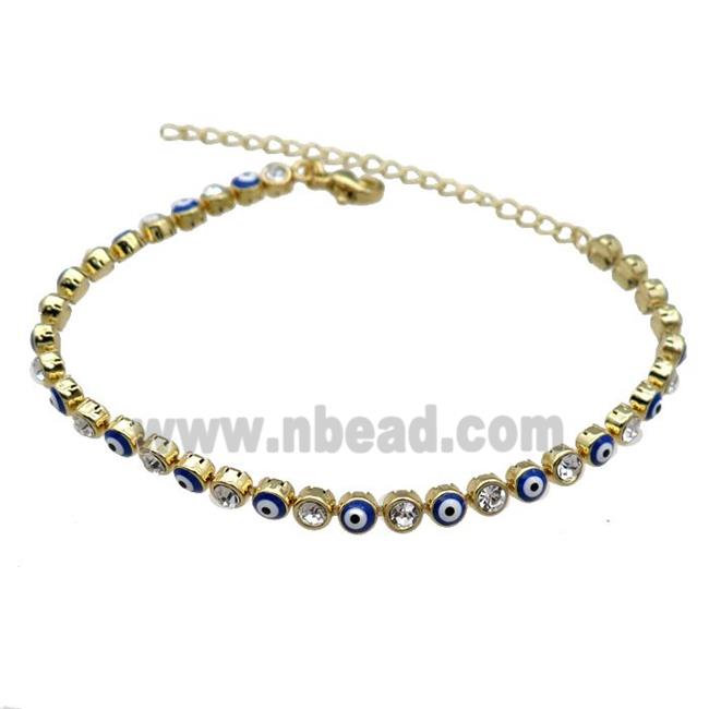 Copper Blue Enamel Evil Eye Bracelet Pave Zircon Gold Plated