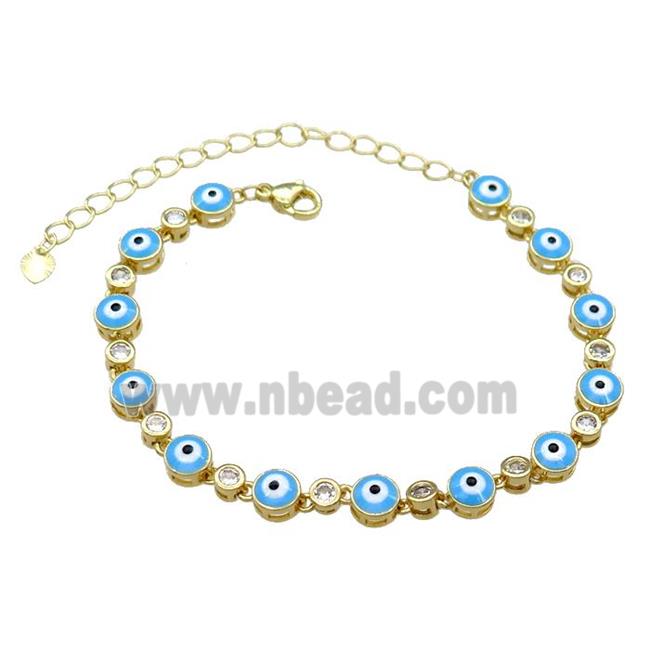 Copper Blue Enamel Evil Eye Bracelet Pave Zircon Gold Plated