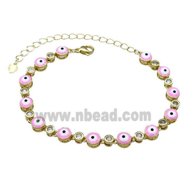 Copper Pink Enamel Evil Eye Bracelet Pave Zircon Gold Plated