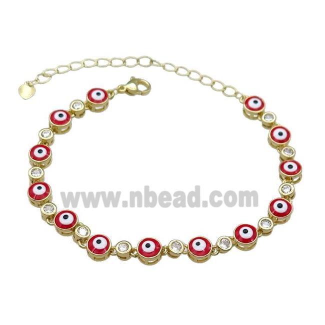 Copper Red Enamel Evil Eye Bracelet Pave Zircon Gold Plated