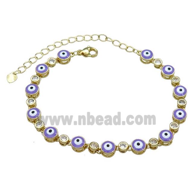 Copper Lavender Enamel Evil Eye Bracelet Pave Zircon Gold Plated