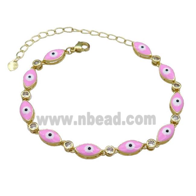 Copper Pink Enamel Evil Eye Bracelet Pave Zircon Gold Plated