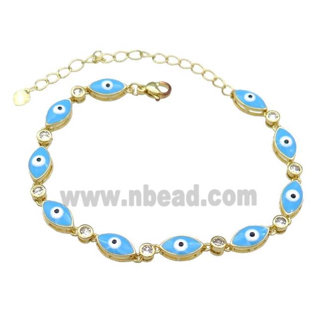 Copper Blue Enamel Evil Eye Bracelet Pave Zircon Gold Plated