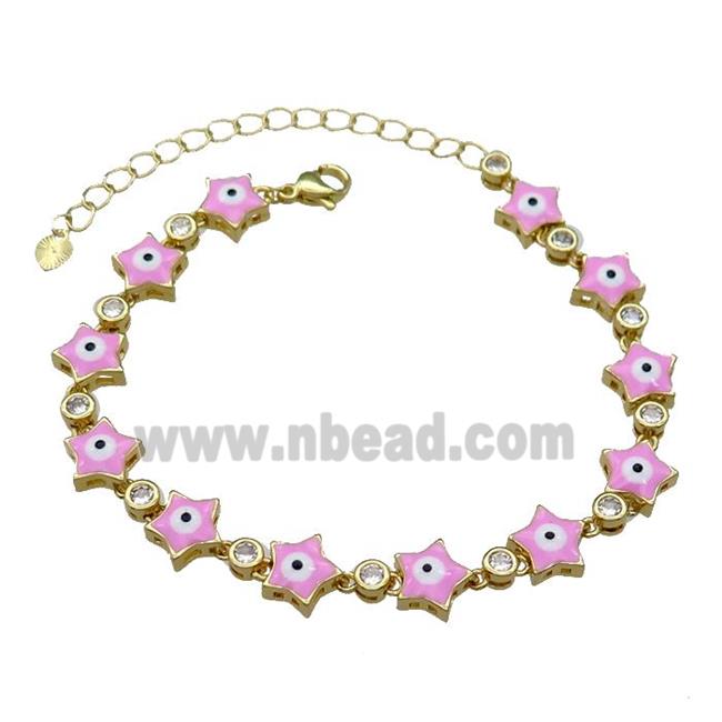 Copper Star Pink Enamel Evil Eye Bracelet Pave Zircon Gold Plated