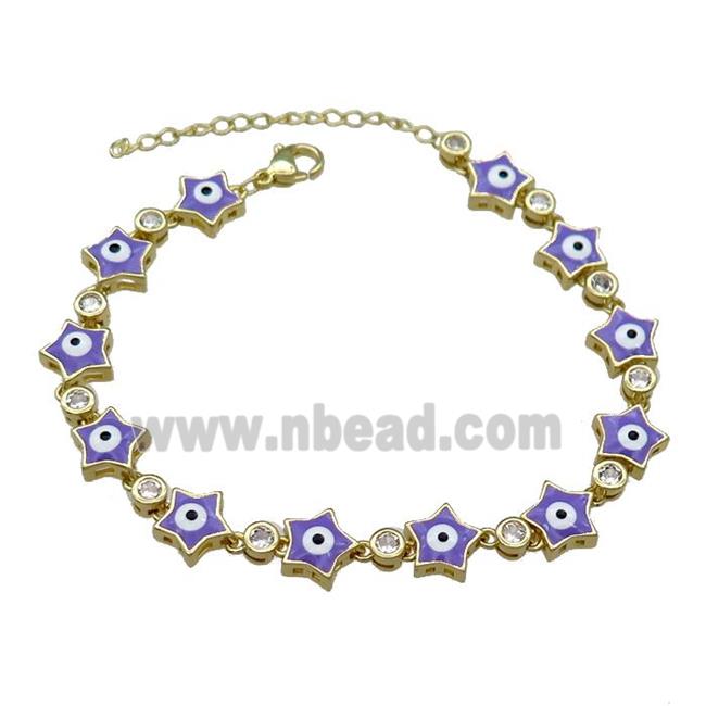 Copper Star Lavender Enamel Evil Eye Bracelet Pave Zircon Gold Plated