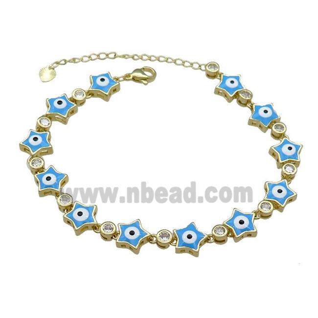 Copper Star Blue Enamel Evil Eye Bracelet Pave Zircon Gold Plated