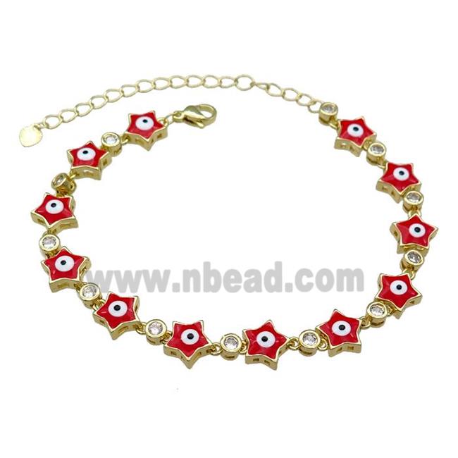 Copper Star Red Enamel Evil Eye Bracelet Pave Zircon Gold Plated