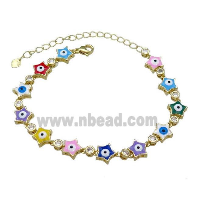 Copper Star Evil Eye Bracelet Pave Zircon Multicolor Enamel Gold Plated