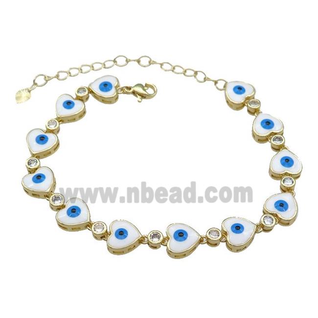 Copper Heart White Enamel Evil Eye Bracelet Pave Zircon Gold Plated