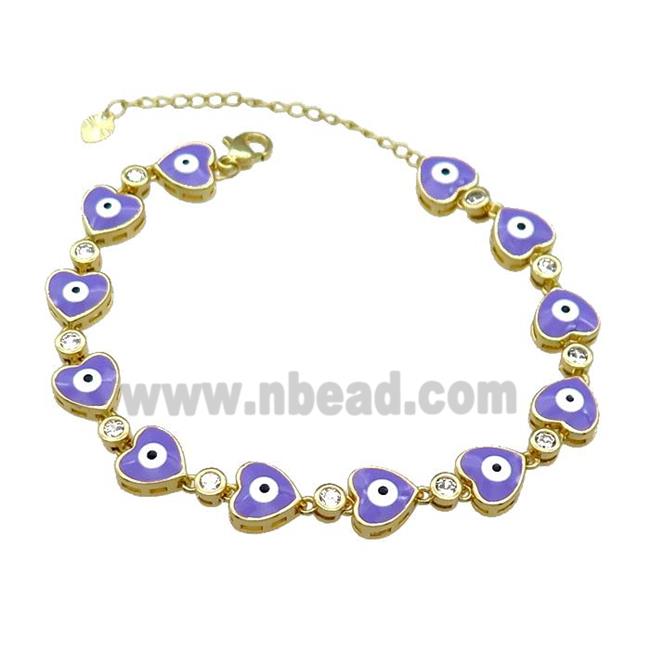 Copper Heart Lavender Enamel Evil Eye Bracelet Pave Zircon Gold Plated