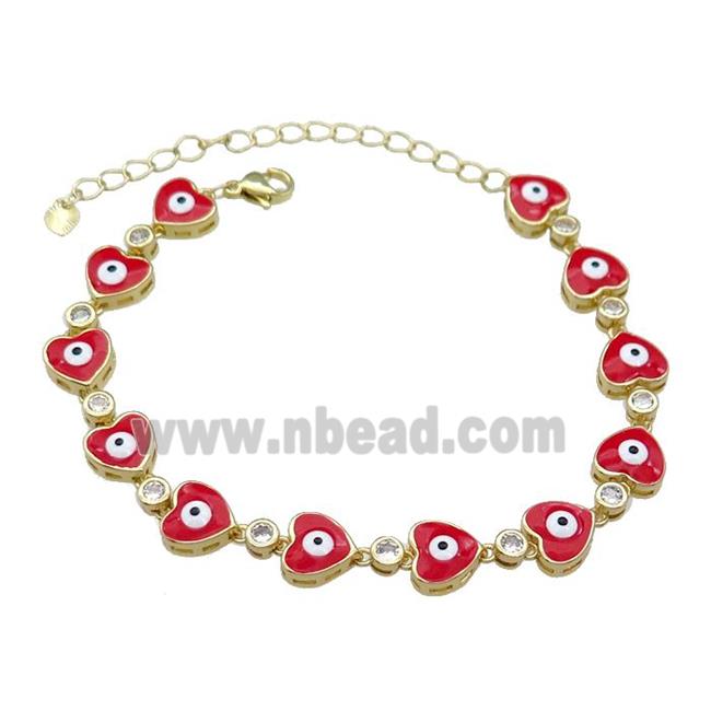 Copper Heart Red Enamel Evil Eye Bracelet Pave Zircon Gold Plated