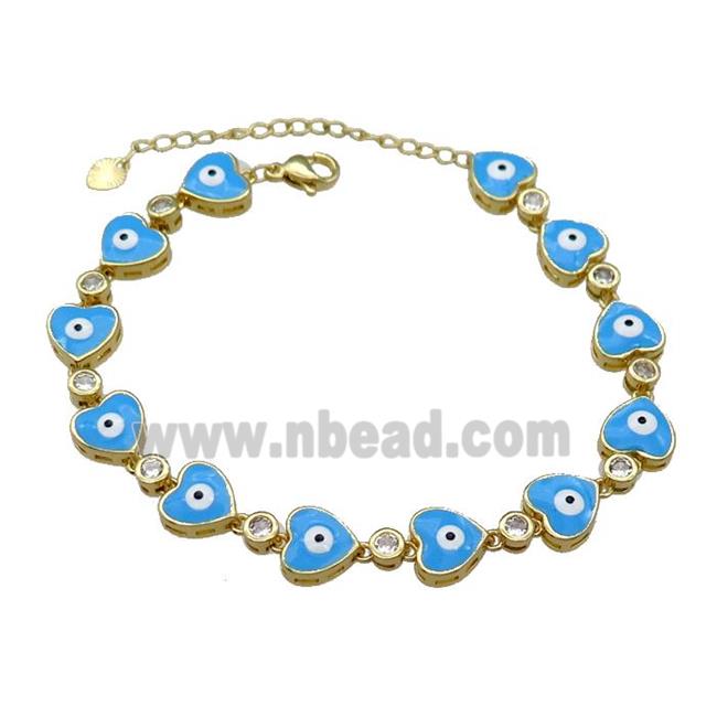 Copper Heart Blue Enamel Evil Eye Bracelet Pave Zircon Gold Plated