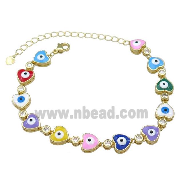 Copper Heart Multicolor Enamel Evil Eye Bracelet Pave Zircon Gold Plated