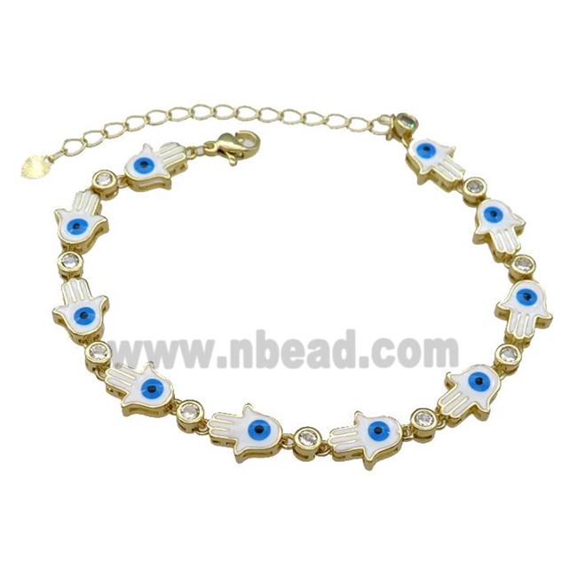 Copper HamsaHand White Enamel Evil Eye Bracelet Pave Zircon Gold Plated