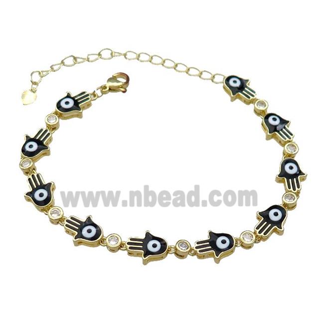 Copper HamsaHand Black Enamel Evil Eye Bracelet Pave Zircon Gold Plated