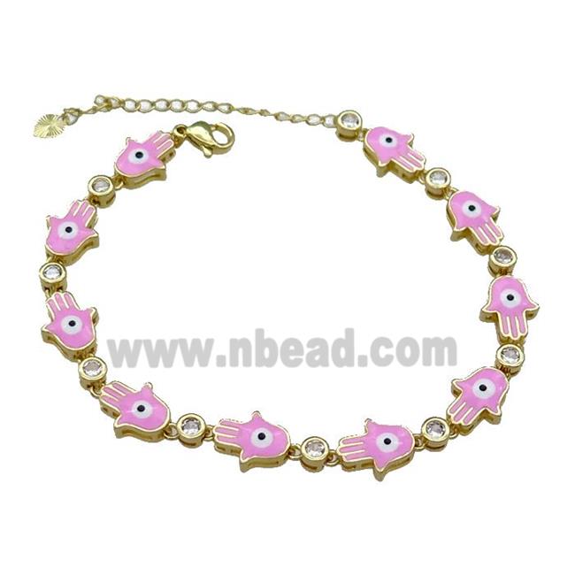 Copper HamsaHand Pink Enamel Evil Eye Bracelet Pave Zircon Gold Plated