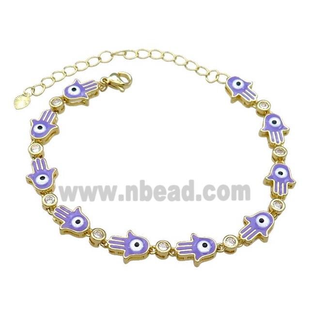 Copper HamsaHand Lavender Enamel Evil Eye Bracelet Pave Zircon Gold Plated