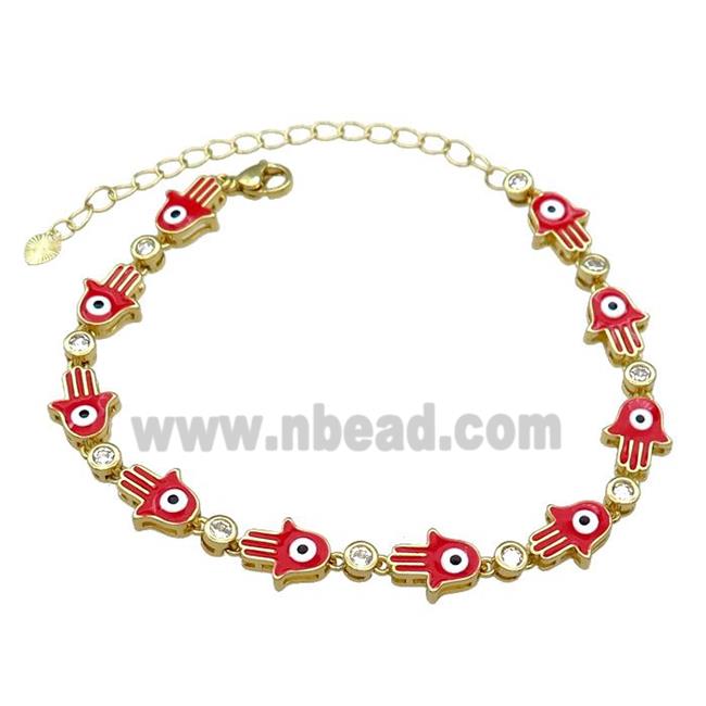 Copper HamsaHand Red Enamel Evil Eye Bracelet Pave Zircon Gold Plated