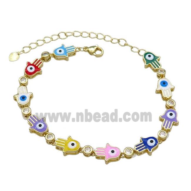 Copper HamsaHand Multicolor Enamel Evil Eye Bracelet Pave Zircon Gold Plated