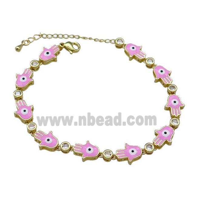 Copper Hamsahand Bracelet Evil Eye Pink Enamel Gold Plated