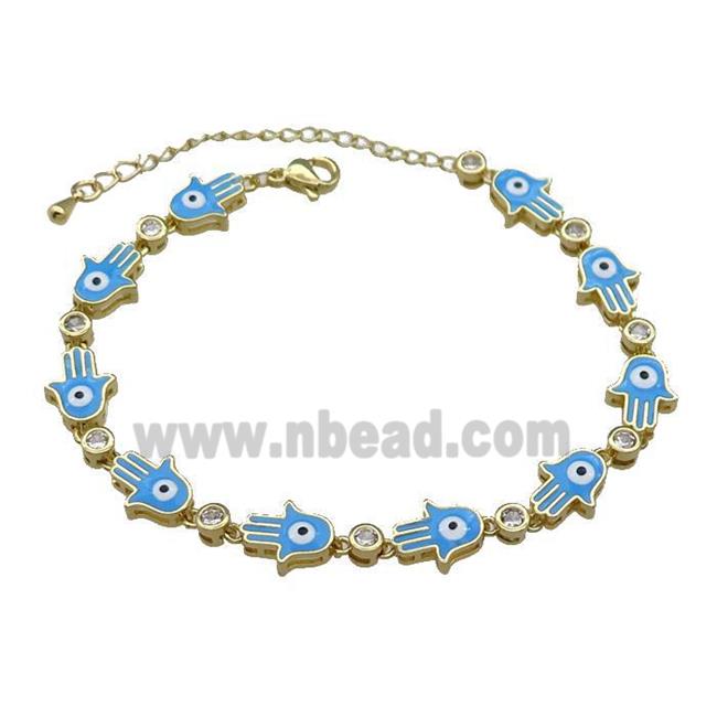 Copper Hamsahand Bracelet Evil Eye Blue Enamel Gold Plated