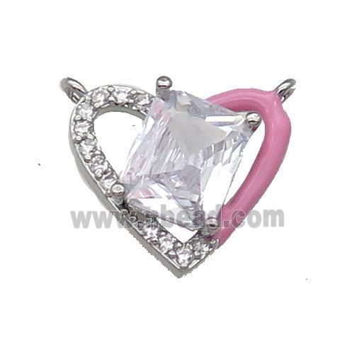 Copper Heart Pendant Pave Zircon Pink Enamel Platinum Plated