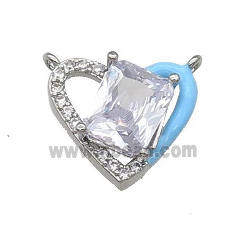 Copper Heart Pendant Pave Zircon Blue Enamel Platinum Plated