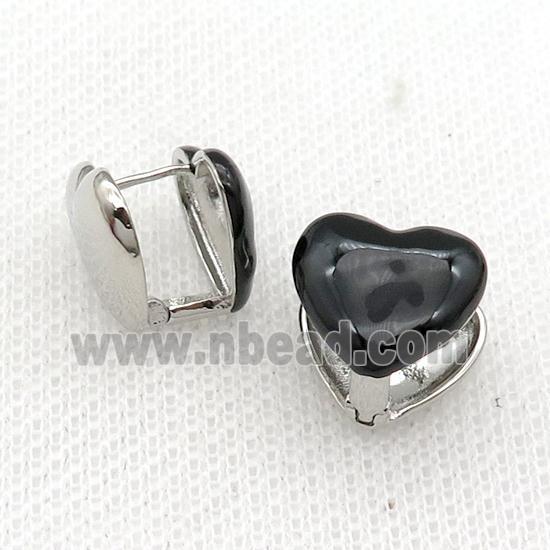 Copper Latchback Earring Black Enamel Heart Platinum Plated