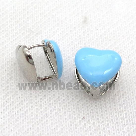 Copper Latchback Earring Blue Enamel Heart Platinum Plated