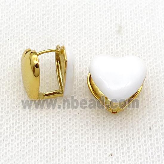 Copper Latchback Earring White Enamel Heart Gold Plated