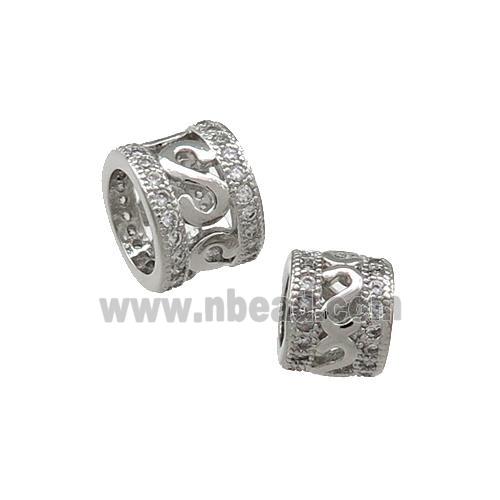 Copper Tube Beads Pave Zircon Large Hole Platinum Plated